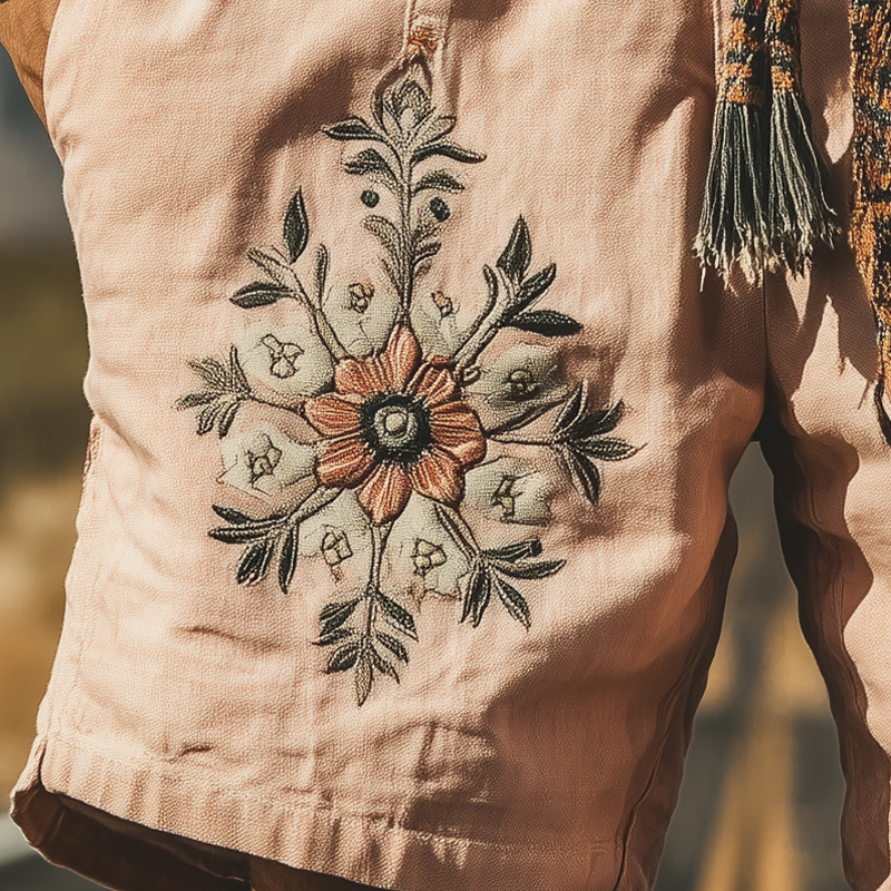 Men's Summer Fashion Casual Western Style Ramie Embroidery Shorts (Without Belt) MTA1503D1K