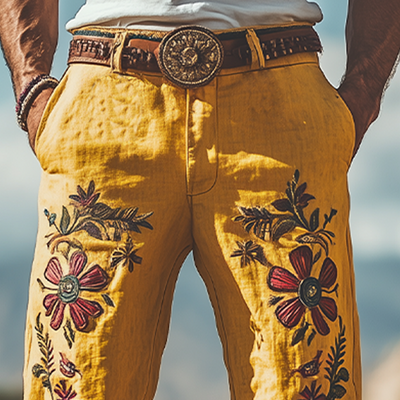 Men's Summer Fashion Casual Western Style Cotton and Linen Embroidered Pants (Without Belt) MTA1682D3K