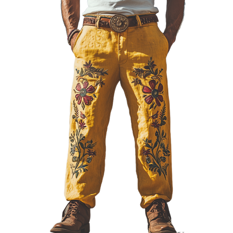 Men's Summer Fashion Casual Western Style Cotton and Linen Embroidered Pants (Without Belt) MTA1682D3K