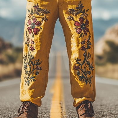 Men's Summer Fashion Casual Western Style Cotton and Linen Embroidered Pants (Without Belt) MTA1682D3K