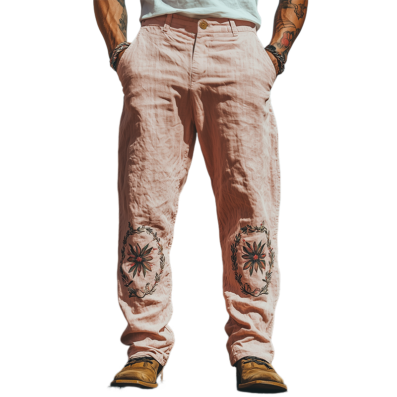 Men's Summer Fashion Casual Western Style Cotton and Linen Embroidered Pants MTA1637D3K