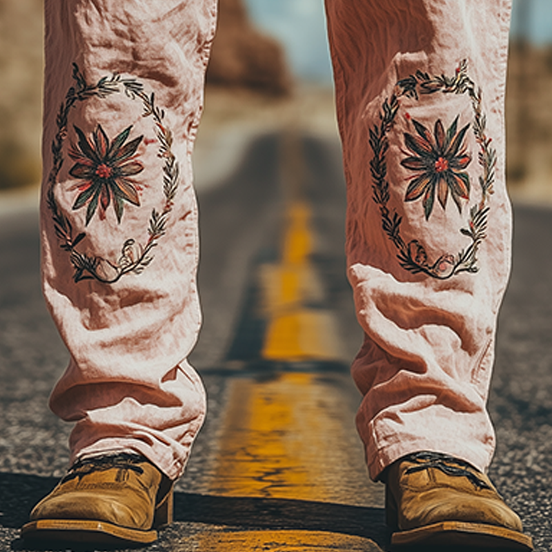 Men's Summer Fashion Casual Western Style Cotton and Linen Embroidered Pants MTA1637D3K