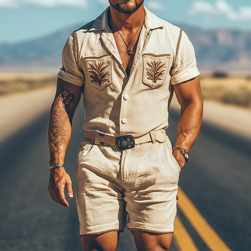 Men's Summer Fashion Casual Retro Western Style Cotton and Linen Pocket Embroidery Jumpsuit (Without Belt) MTA1742D4K