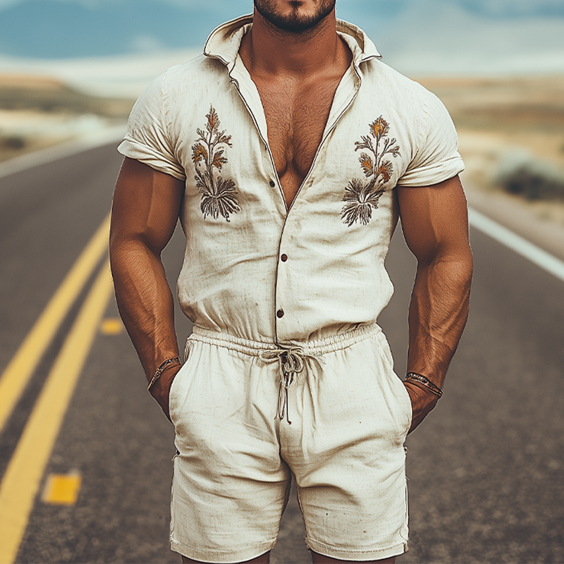 Men's Spring and Summer Fashion Western Style Hooded Shirt Cotton and Linen Embroidered Jumpsuit MTA1762D1K
