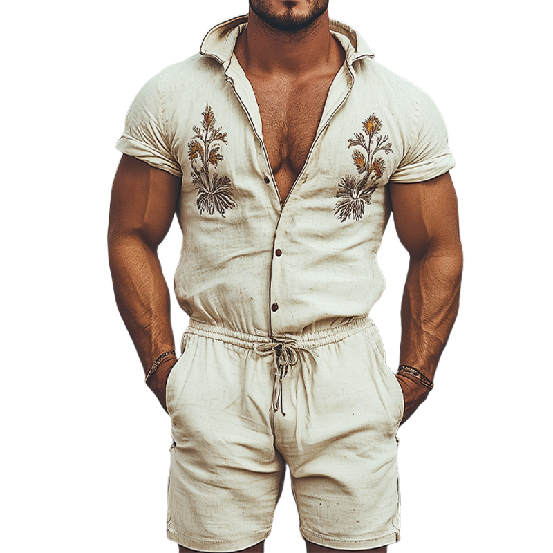 Men's Spring and Summer Fashion Western Style Hooded Shirt Cotton and Linen Embroidered Jumpsuit MTA1762D1K