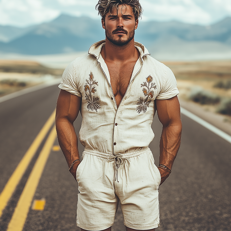 Men's Spring and Summer Fashion Western Style Hooded Shirt Cotton and Linen Embroidered Jumpsuit MTA1762D1K
