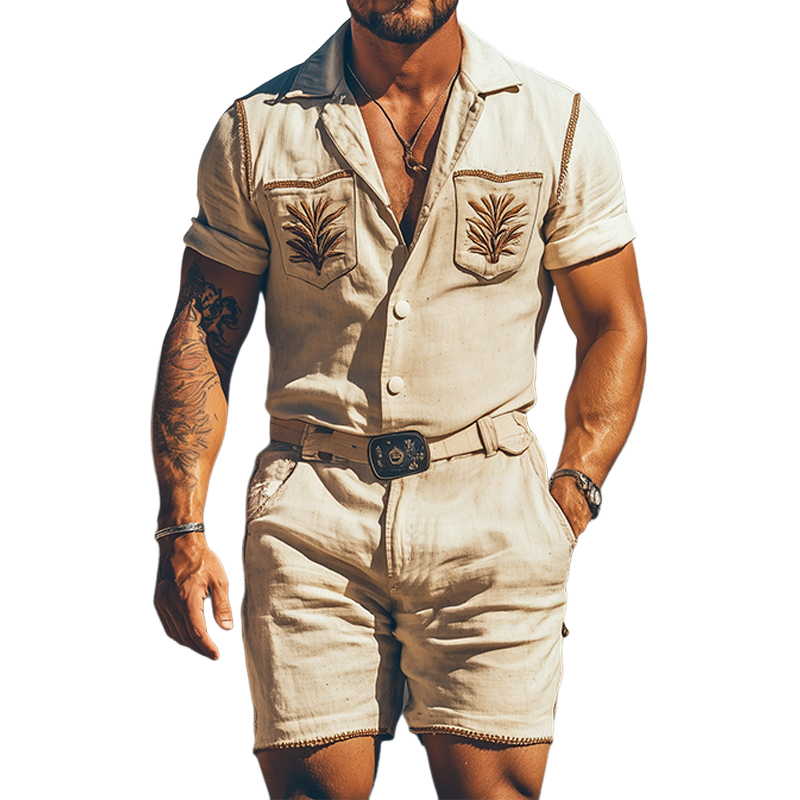 Men's Summer Fashion Casual Retro Western Style Cotton and Linen Pocket Embroidery Jumpsuit (Without Belt) MTA1742D4K