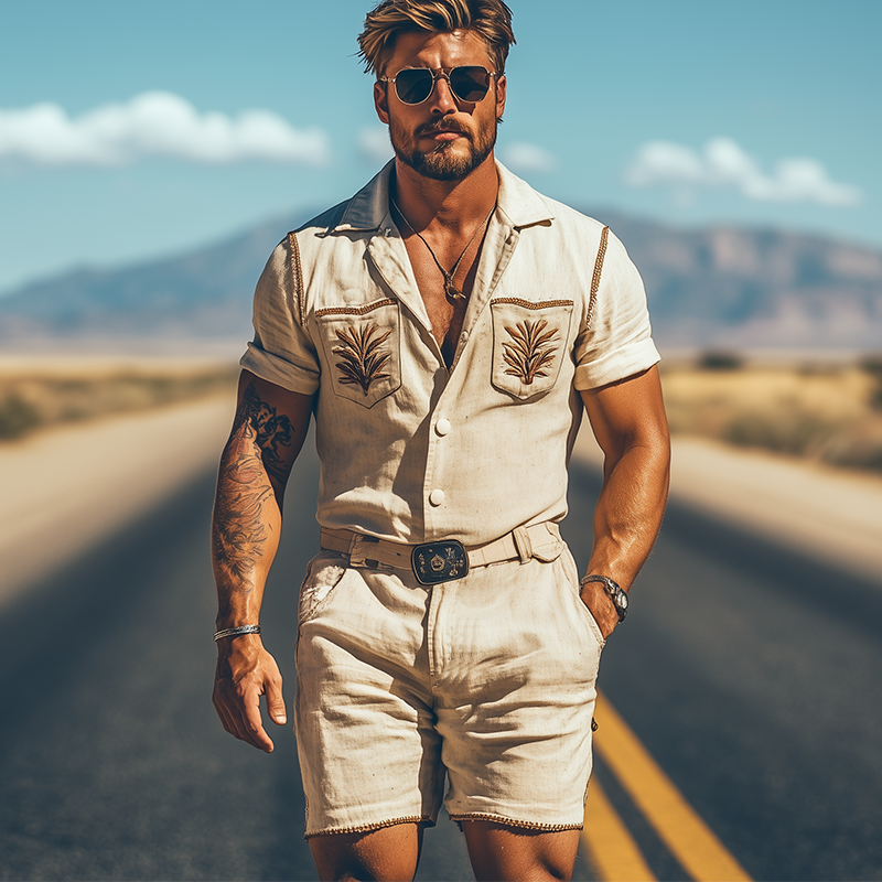Men's Summer Fashion Casual Retro Western Style Cotton and Linen Pocket Embroidery Jumpsuit (Without Belt) MTA1742D4K
