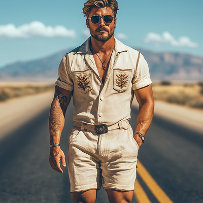 Men's Summer Fashion Casual Retro Western Style Cotton and Linen Pocket Embroidery Jumpsuit (Without Belt) MTA1742D4K