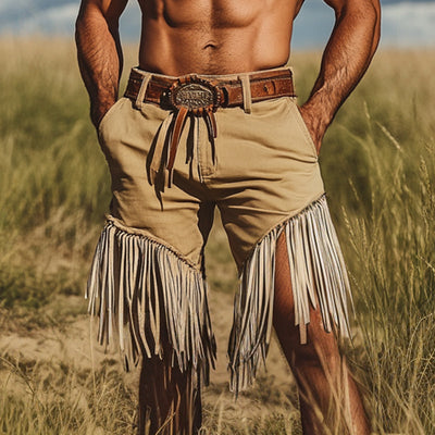 Men's Khaki Western Denim Style Fringe Shorts MTA2191D4U