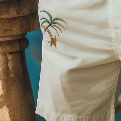 Men's Summer Fashion Casual Hawaiian Style Embroidered Ramie Shorts MTA2227D1K