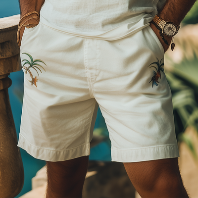 Men's Summer Fashion Casual Hawaiian Style Embroidered Ramie Shorts MTA2227D1K