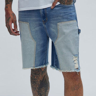 Men's Summer Denim Patchwork Raw Edge Casual Denim Shorts MTA2302D2P