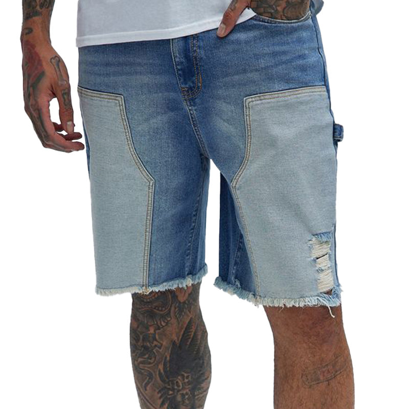 Men's Summer Denim Patchwork Raw Edge Casual Denim Shorts MTA2302D2P