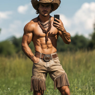 Men's Summer Western Cowboy Style Denim Tassel Shorts MTA2304D7U