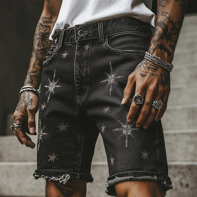 Men's Summer Retro Print Raw Edge Casual Denim Shorts MTA2336D4P