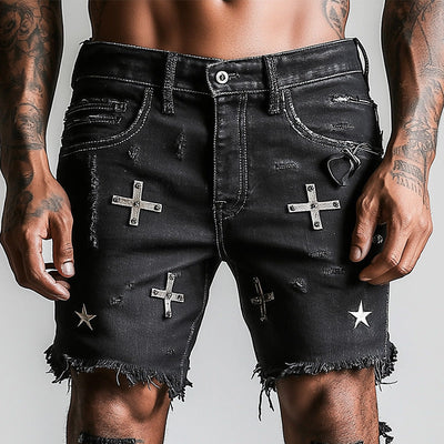 Men's Summer Retro Printed Raw Edge Casual Denim Shorts MTA2329D2P