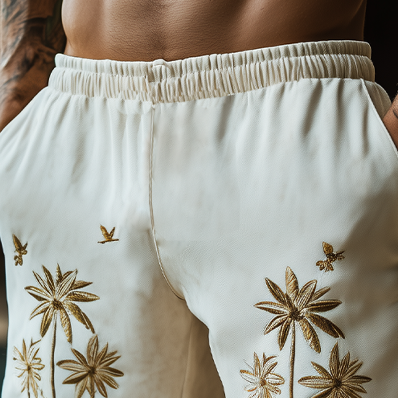 Men's Summer Fashion Casual Hawaiian Style Thin Suede Embroidered Elastic Waist Beach Shorts MTA2317D8K