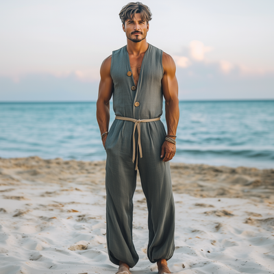 Men's Summer Fashion Hawaiian Vacation Style Cotton and Linen Deep V-Neck Wooden Buckle Elastic Leg Jumpsuit (Without Belt) MTA2556D5K