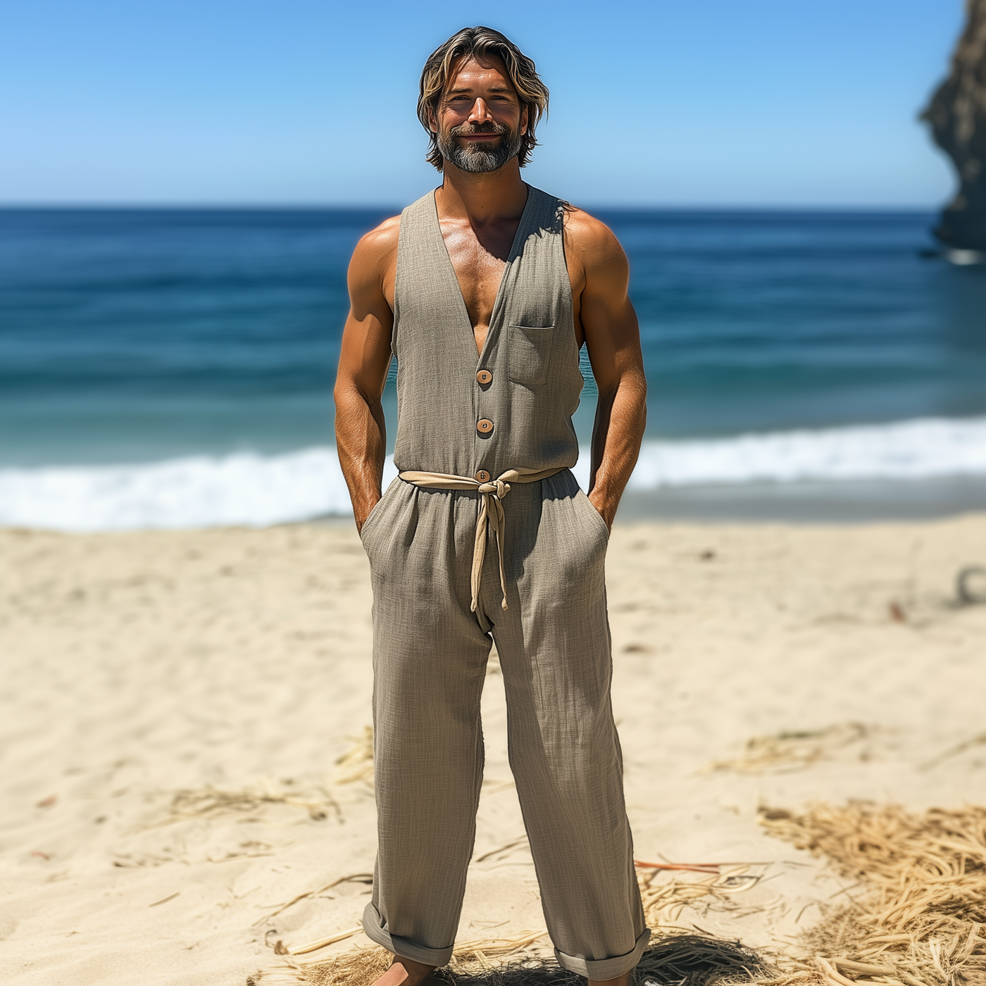 Men's Summer Fashion Casual Hawaiian Vacation Style Cotton and Linen Pocket Jumpsuit (Without Belt)  MTA2523D3K