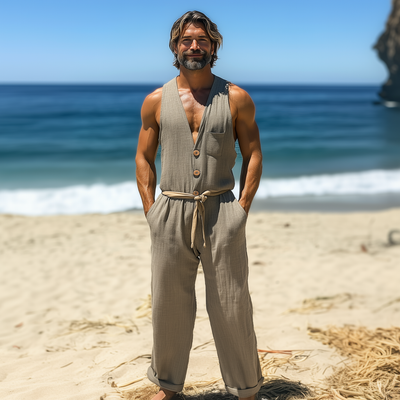 Men's Summer Fashion Casual Hawaiian Vacation Style Cotton and Linen Pocket Jumpsuit (Without Belt)  MTA2523D3K