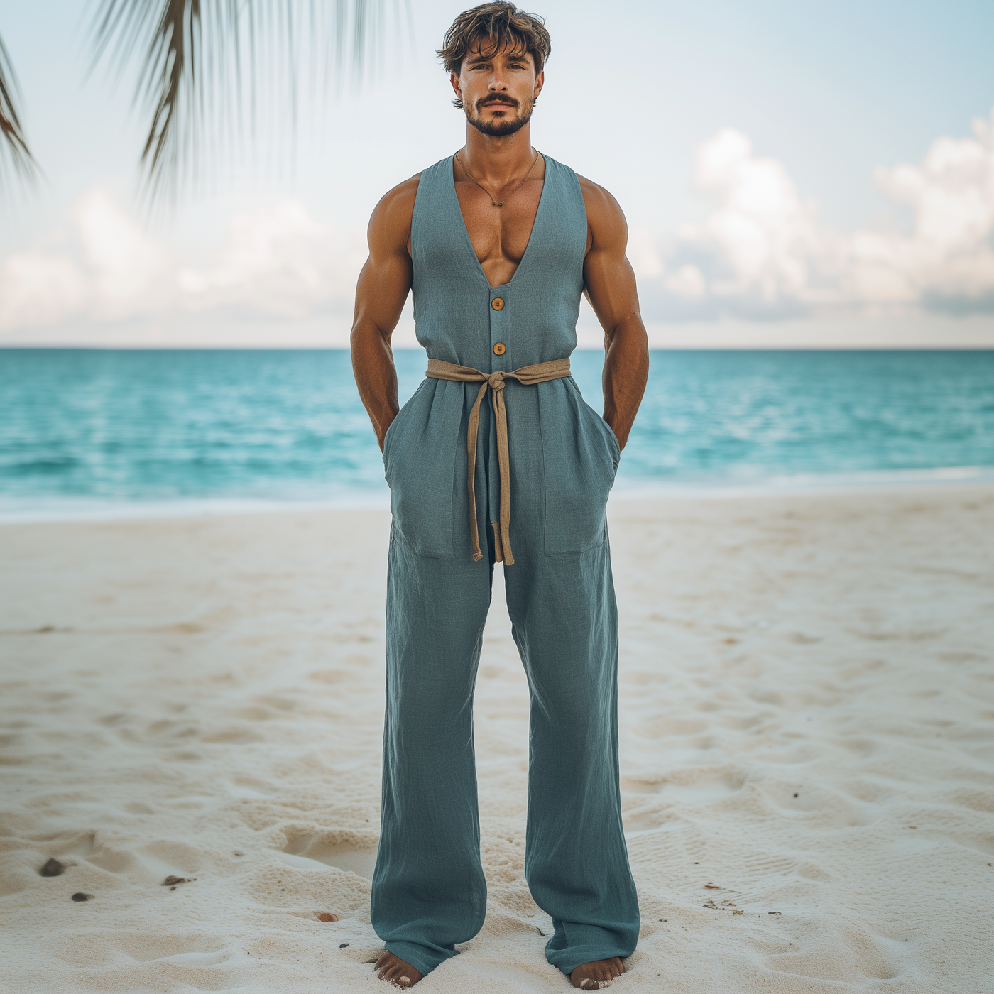 Men's Summer Fashion Hawaiian Vacation Style Cotton and Linen Wood Button Deep V Neck Jumpsuit (Without Belt) MTA2578D8K