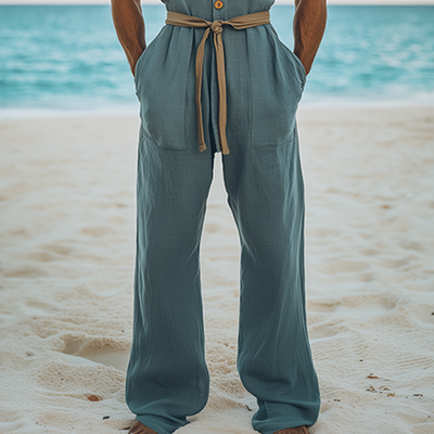 Men's Summer Fashion Hawaiian Vacation Style Cotton and Linen Wood Button Deep V Neck Jumpsuit (Without Belt) MTA2578D8K