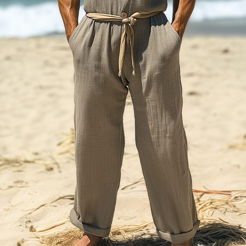 Men's Summer Fashion Casual Hawaiian Vacation Style Cotton and Linen Pocket Jumpsuit (Without Belt)  MTA2523D3K