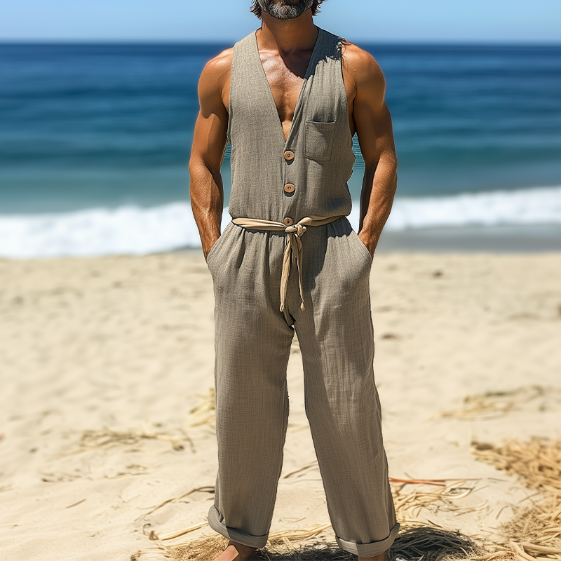 Men's Summer Fashion Casual Hawaiian Vacation Style Cotton and Linen Pocket Jumpsuit (Without Belt)  MTA2523D3K