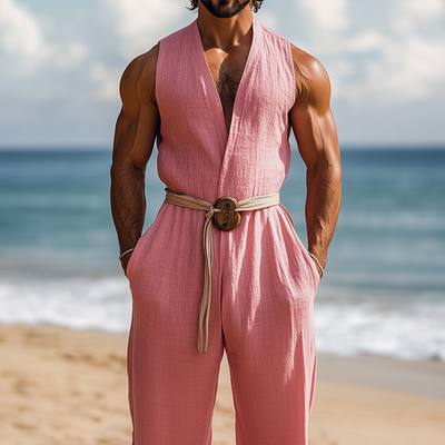 Men's Summer Fashion Hawaiian Vacation Style Cotton and Linen Deep V-Neck Jumpsuit (Without Belt) MTA2553D2K
