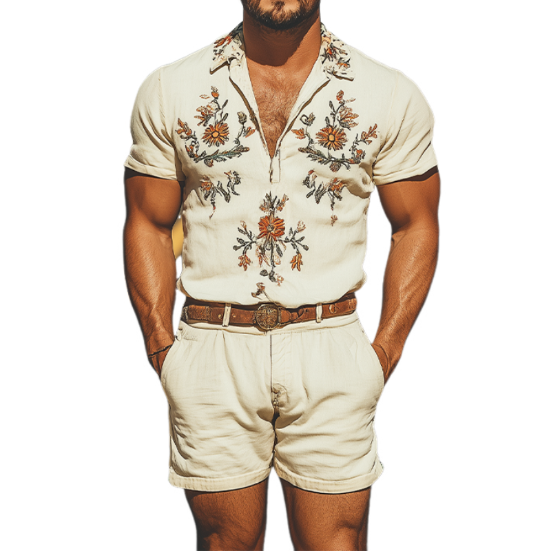 Men's Summer Fashion Casual Western Style Deep V Neck Cotton and Linen Embroidered Jumpsuit MTA1620D0K