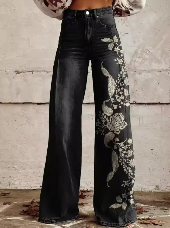 Marla | Bloom Black Embroidered Wide Leg Trousers