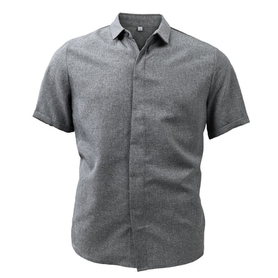 【24-hour shipping out】Men's Solid Color Lapel Cotton Linen Short Sleeve Shirt 82339241X