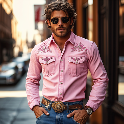 【24-hour shipping out】Men's American Retro Western Style Cotton Blend Embroidered Long Sleeve Shirt 96546825K