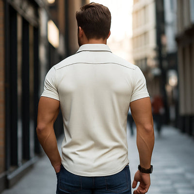 【24-hour shipping out】Men's Casual Premium Cotton Contrast Trim Lapel Single Breasted Slim Fit Short Sleeve Shirt MTA0842E7M