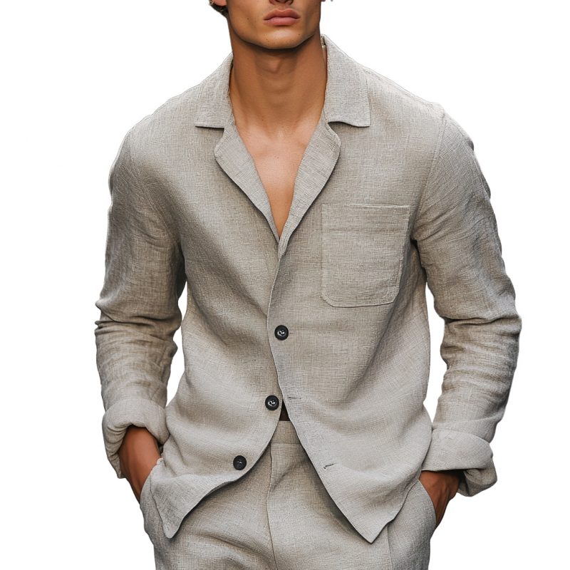 Men's Casual Breathable Linen Notched Lapel Patch Pocket Loose Long Sleeve Shirt MTA1221E0M