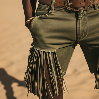 Men's Western Cowboy Style Denim Fringe Shorts MTA1216E4U