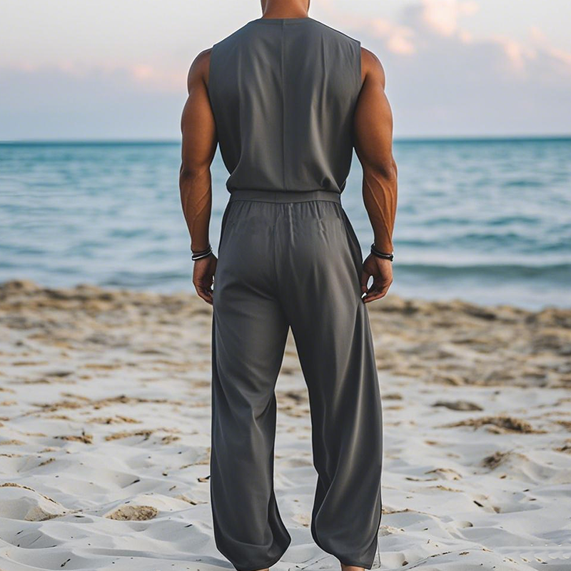 Men's Summer Fashion Hawaiian Vacation Style Cotton and Linen Deep V-Neck Wooden Buckle Elastic Leg Jumpsuit (Without Belt) MTA2556D5K