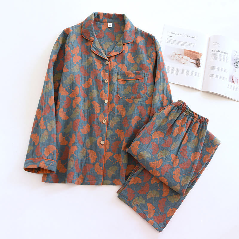Livia - Ginkgo Leaf Button Cotton Loungewear Set
