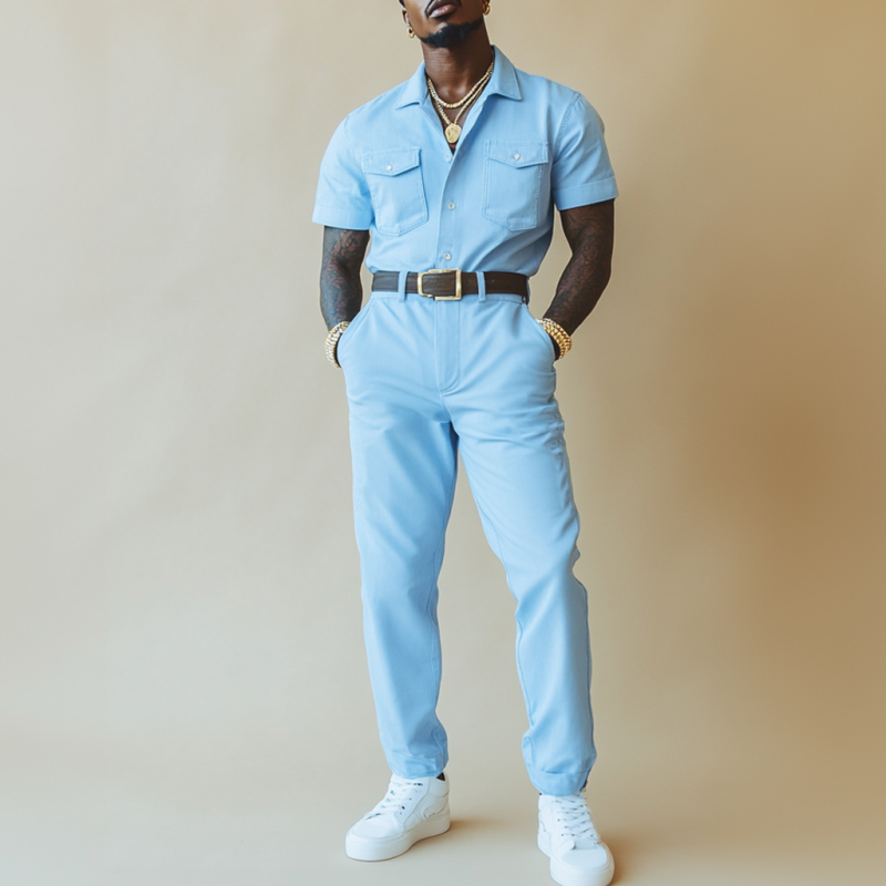 Men's Casual Comfort Cotton Lapel Chest Pocket Short Sleeve Slim Fit Workwear Jumpsuit (Belt Excluded) MTA1045D6M