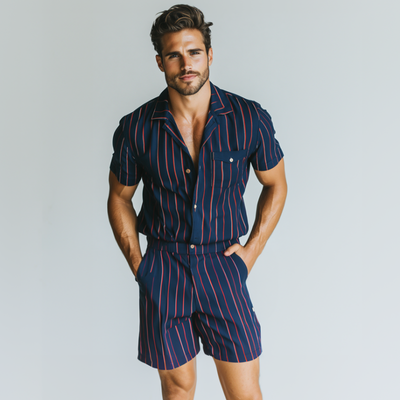 Men's Casual Striped Print Cuban Collar Patch Pocket Short Sleeve Shorts Slim Fit Jumpsuit MTA1050D1M
