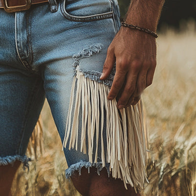 Men's Summer Western Cowboy Style Tassel Denim Shorts MTA1288E0U