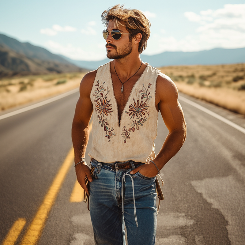 【24-hour shipping out】Men's Retro Western Cowboy Tassel Stitching Denim Long Sleeve Shirt 10742814U
