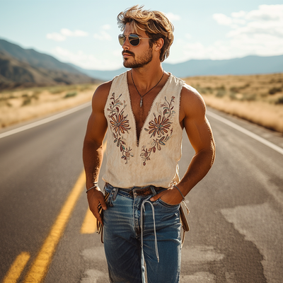 【24-hour shipping out】Men's Retro Western Cowboy Tassel Stitching Denim Long Sleeve Shirt 10742814U