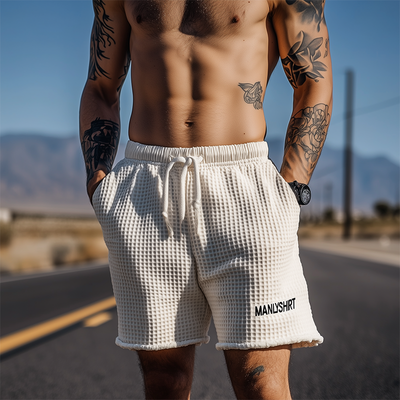 Men's Classic Casual Tough Style Waffle Letter Embroidery Elastic Waist Shorts MTA2481E8K