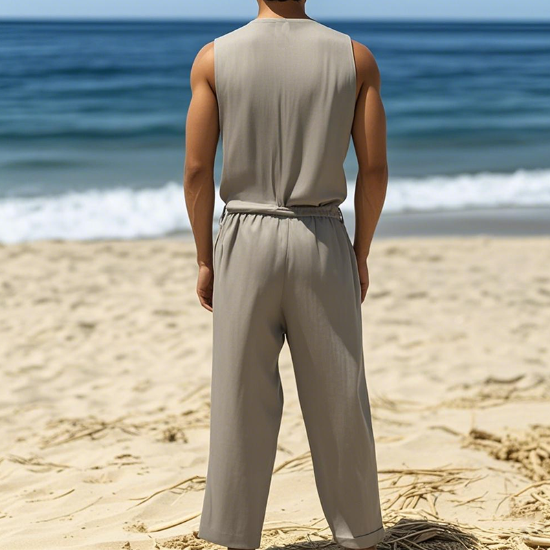 Men's Summer Fashion Casual Hawaiian Vacation Style Cotton and Linen Pocket Jumpsuit (Without Belt)  MTA2523D3K