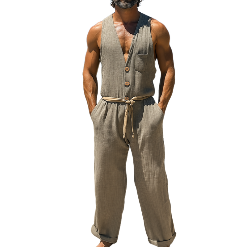 Men's Summer Fashion Casual Hawaiian Vacation Style Cotton and Linen Pocket Jumpsuit (Without Belt)  MTA2523D3K