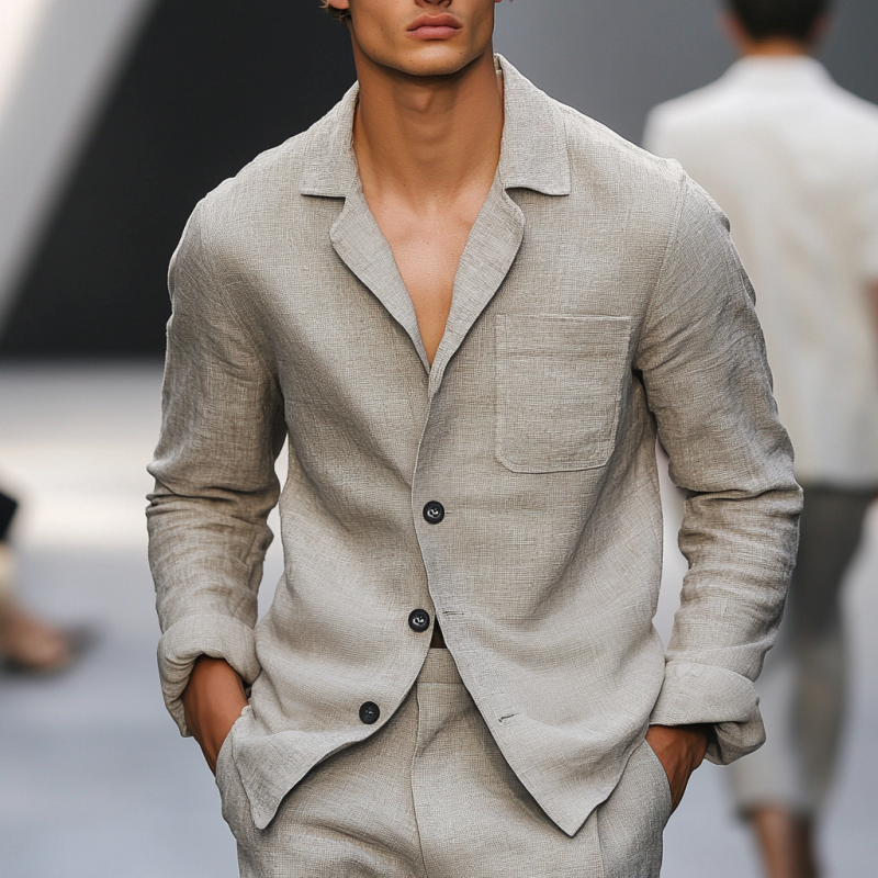 Men's Casual Breathable Linen Notched Lapel Patch Pocket Loose Long Sleeve Shirt MTA1221E0M