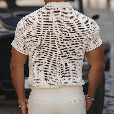 【24-hour shipping out】Men's Solid Color Knit Lapel Short Sleeve Casual Shirt MTA1769D4Z