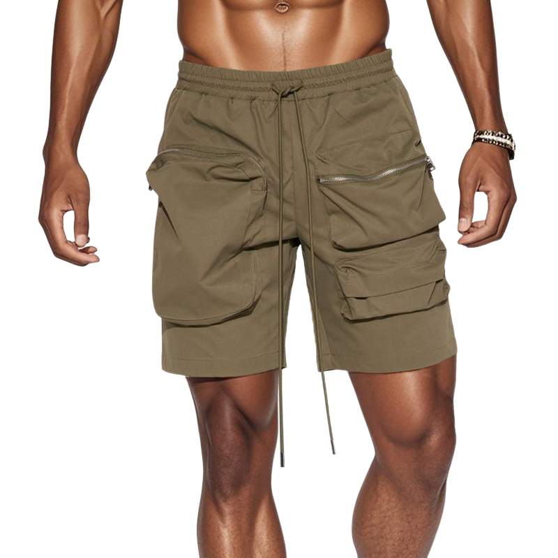 Men's Fashion Solid Color Elastic Waist Zipper Pocket Cargo Shorts MTA2296E4Z